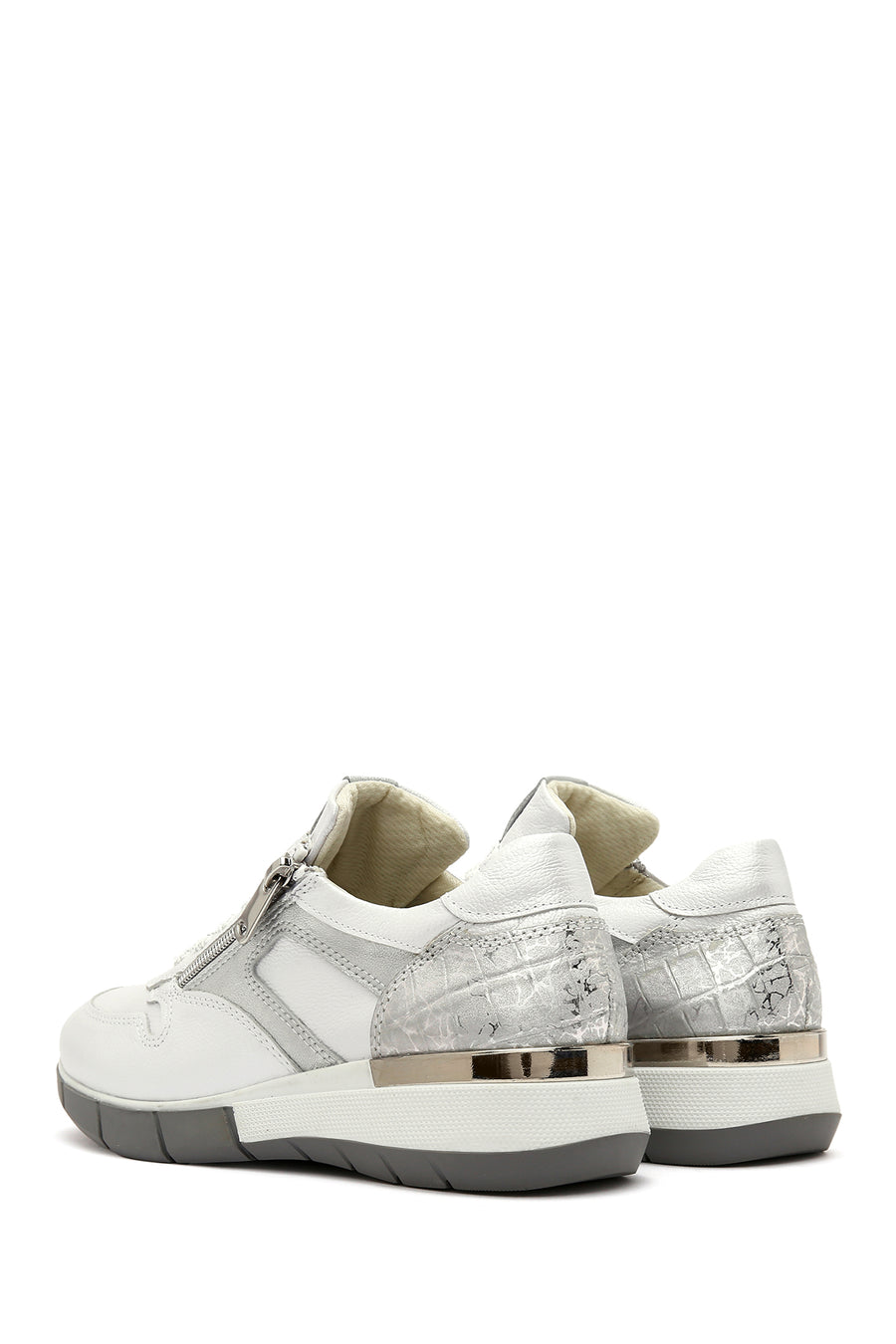 Kadın Beyaz Bağcıklı Yandan Fermuarlı Deri Sneaker