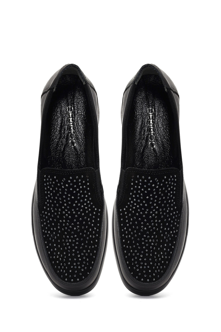 Woman Black Stone-Detail Wedge Heel Leather Comfort Shoes