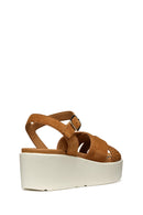 Geox Women's Tan D Xand 2.2SA - Suede Ankle Buckle Wedge Heel Leather Sandals | Derimod
