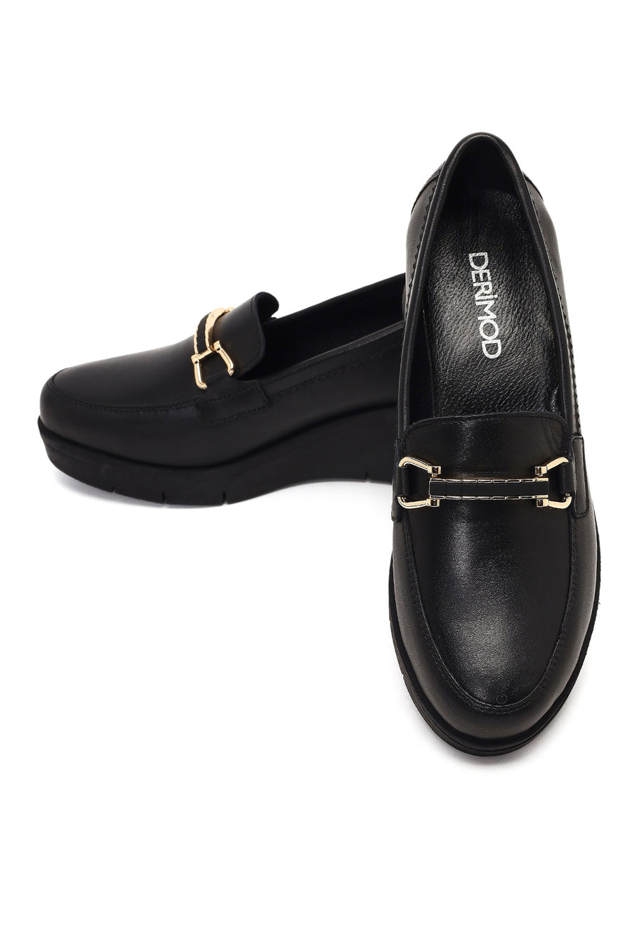 Woman Black Buckled Wedge Leather Comfort Loafer