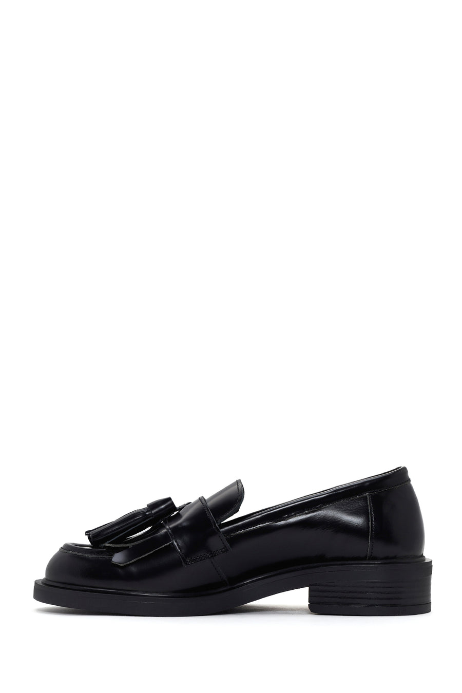 Women's Black Leather Tasseled Masculine Loafer
