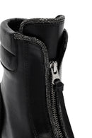 Women's Black Zippered Stoned Leather Combat Boots | Derimod