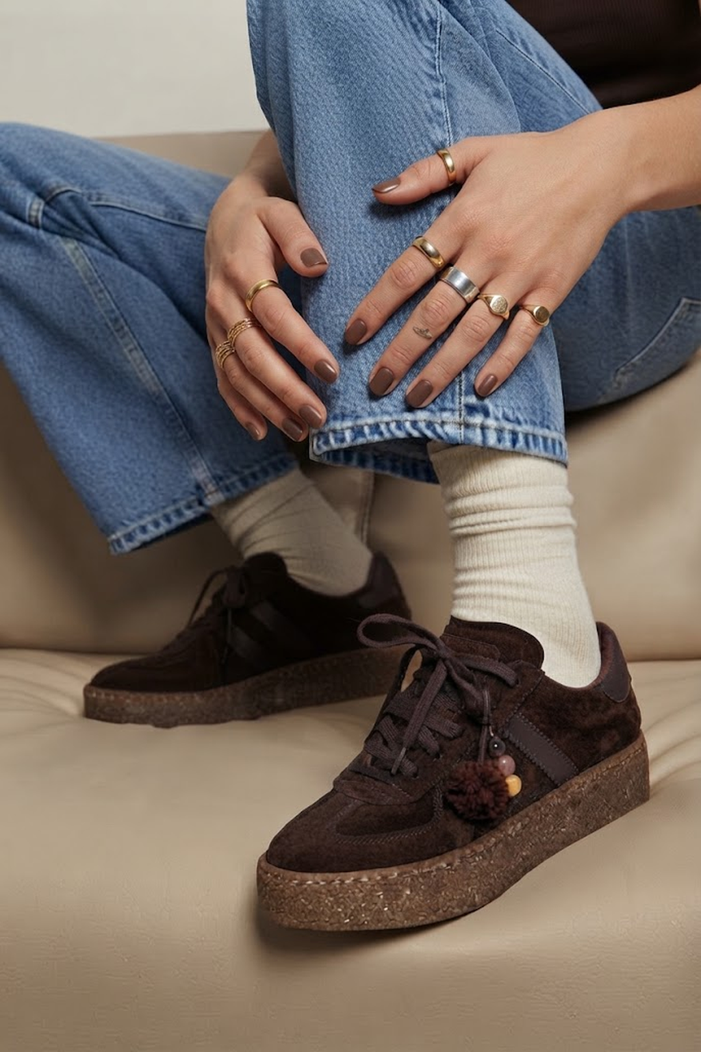 Kadın Kahverengi Bağcıklı Kalın Tabanlı Süet Deri Sneaker