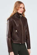 Edwina Women's Brown Leather Jacket with Removable Sleeves | Derimod