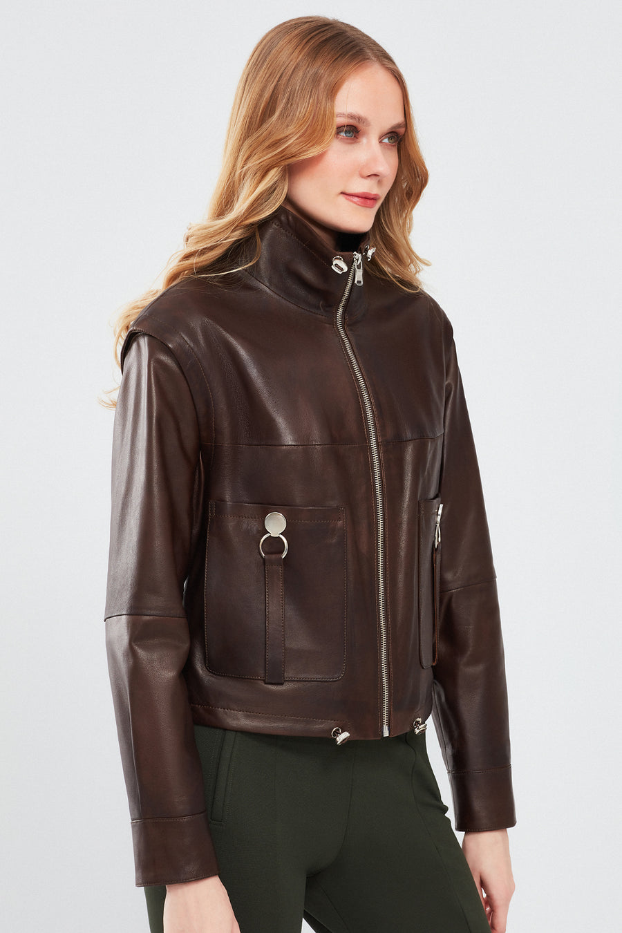 Edwina Women's Brown Leather Jacket with Removable Sleeves