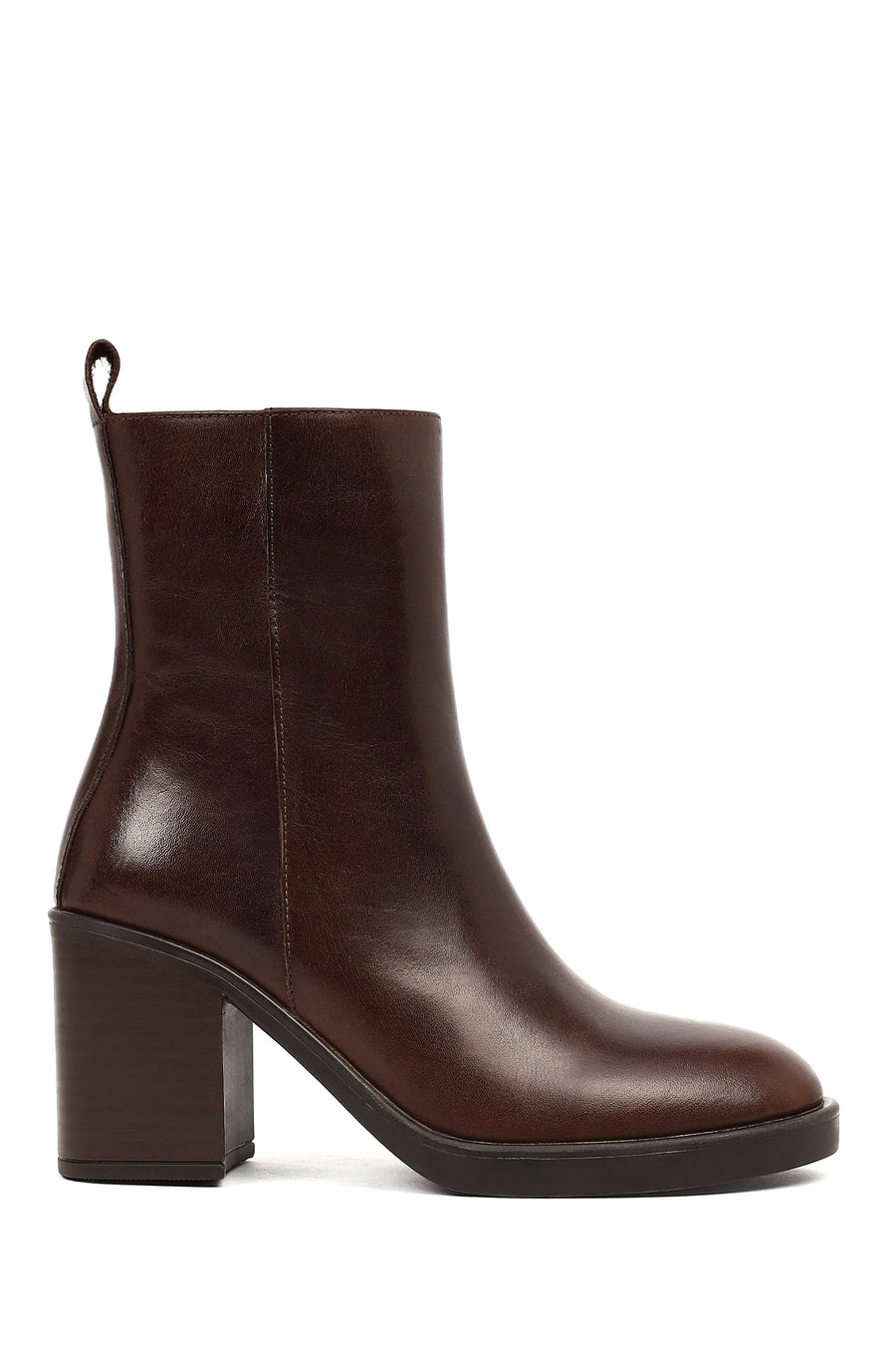 Woman Brown Zip Closure Chunky Heeled Leather Boots WF180019DV | Derimod