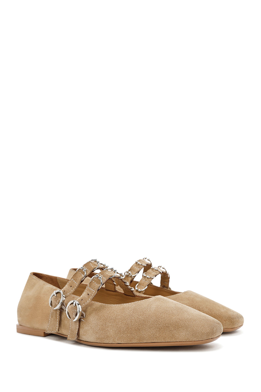 Women's Mink Double Buckled Suede Leather Ballerina