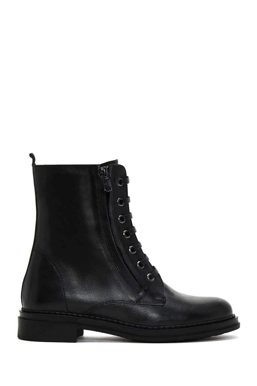 Women's Black Leather Zippered Flat Boots 22WFD411918 | Derimod