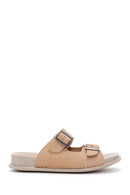 Women's Beige Double Buckled Nubuck Leather Comfort Slippers | Derimod
