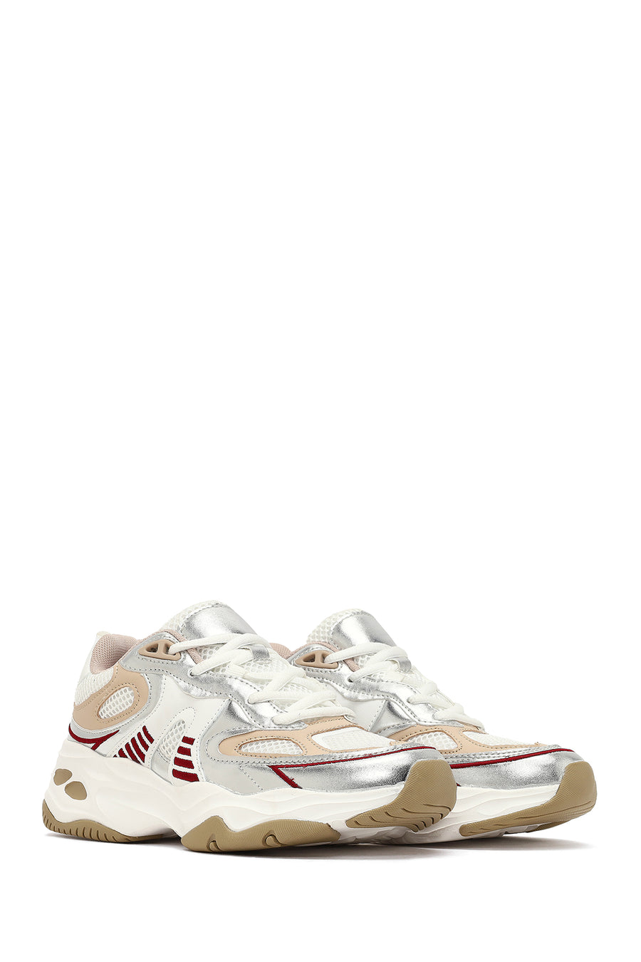 Women's Beige Lace-Up Thick-Soled Sneaker