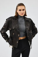 Crystal Women's Black Biker Leather Jacket | Derimod
