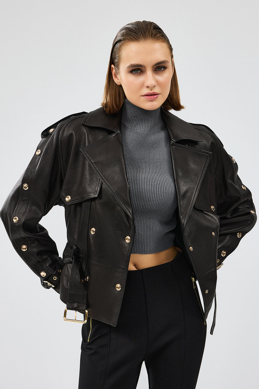 Crystal Women's Black Biker Leather Jacket