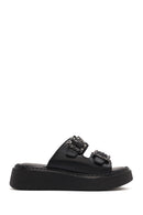 Women's Black Double Buckle Thick-Soled Leather Comfort Slippers | Derimod