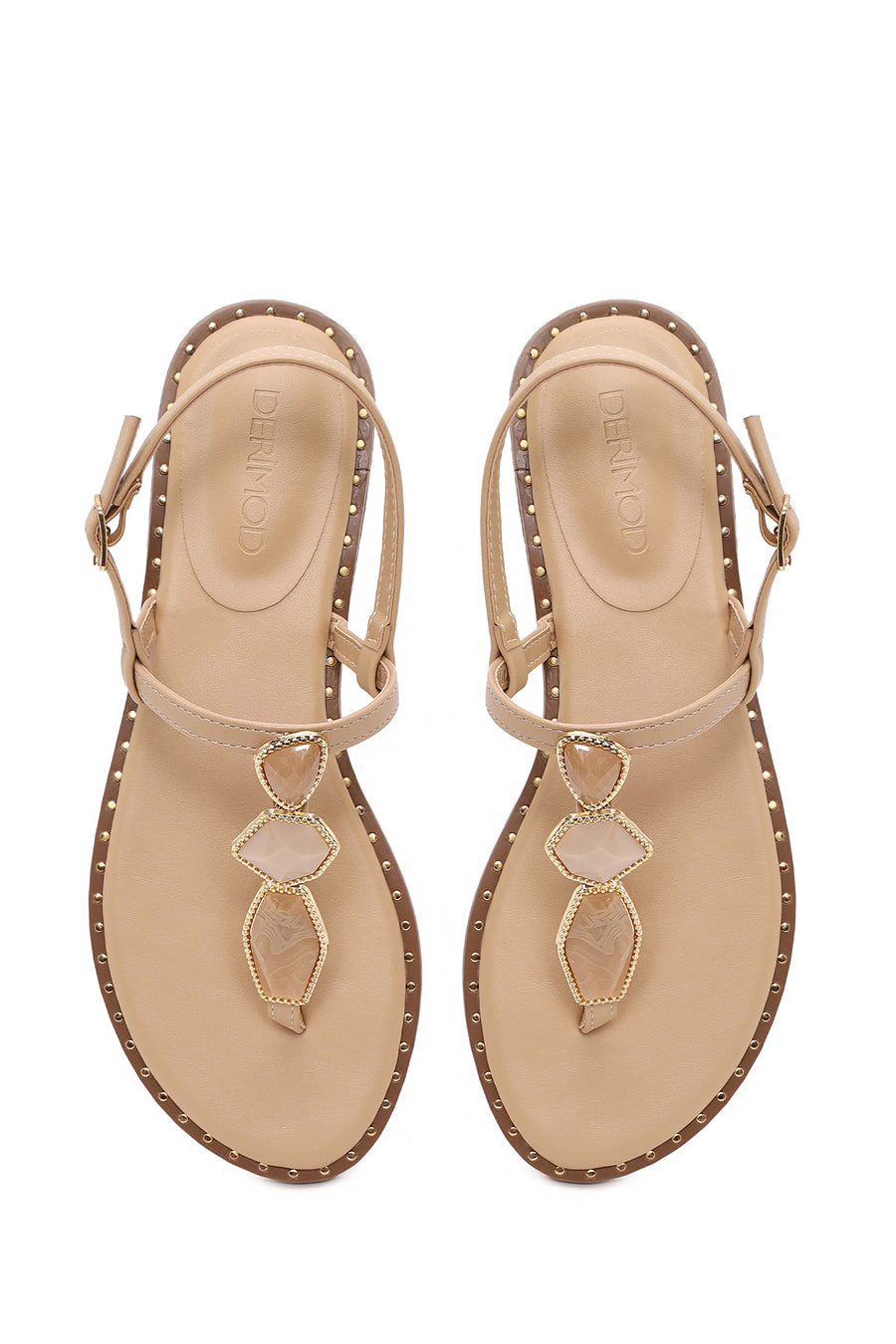 Woman Beige Ankle-Buckle Embellished Toe-Post Sandal