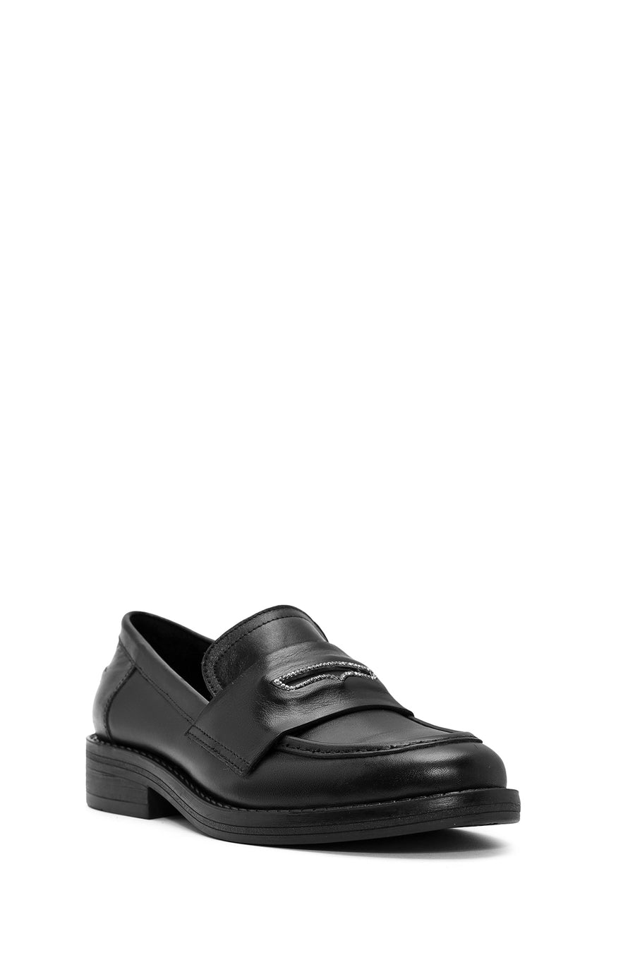Women's Black Stone Detailed Leather Masculine Loafer