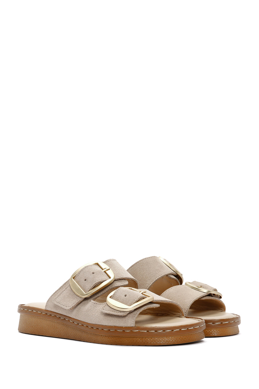 Women's Beige Buckle Suede Leather Comfort Slippers