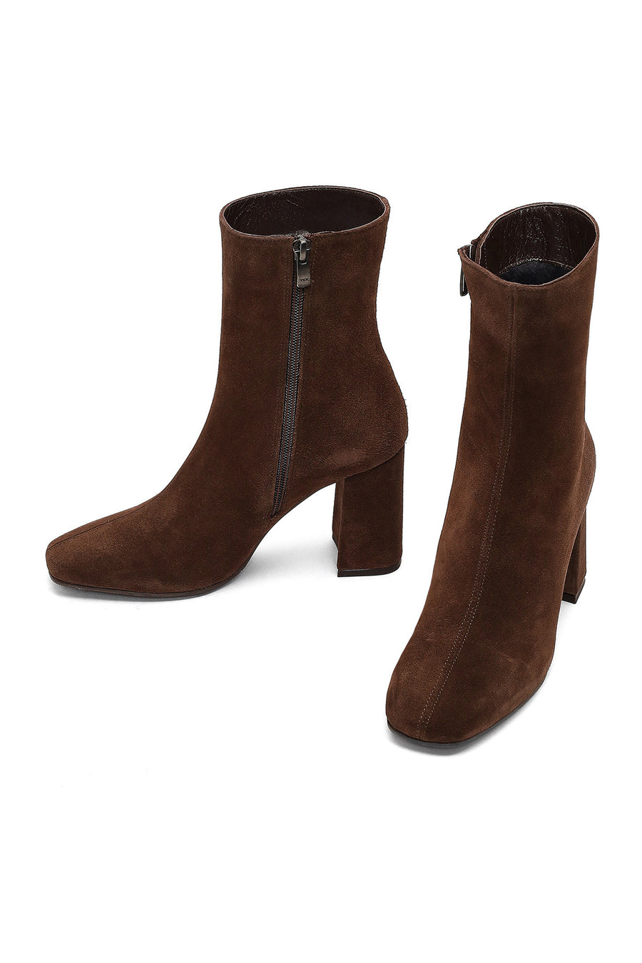 Woman Brown Zip Closure Chunky Heeled Suede Boots