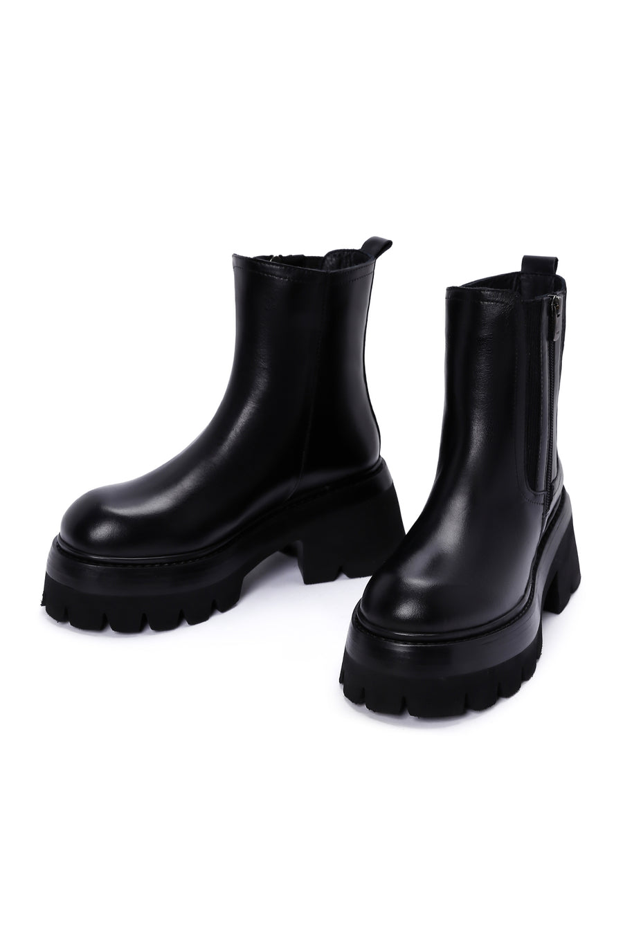 Women's Black Thick High-Sole Zipper Leather Boots