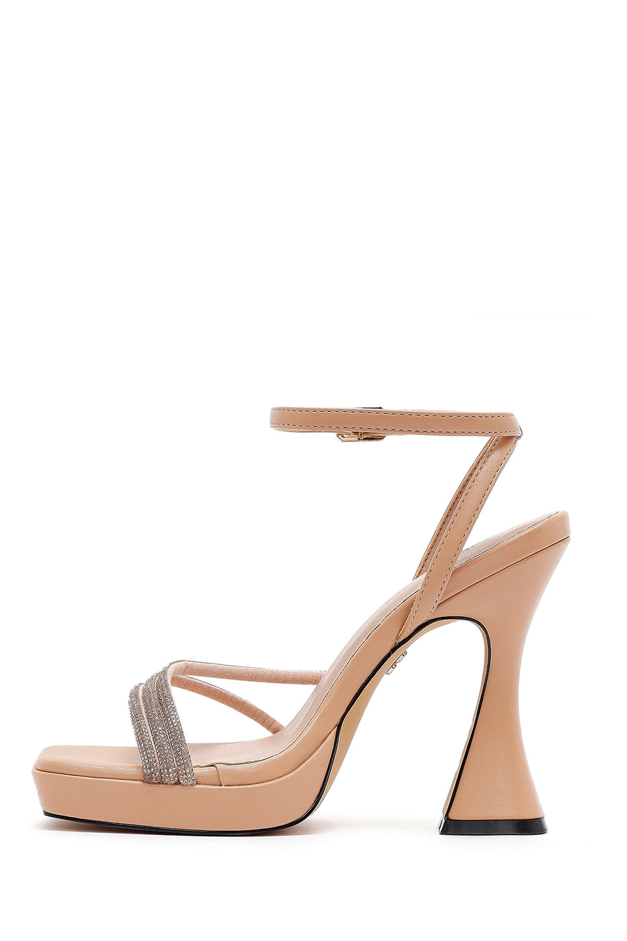 Women's Beige Ankle Strap Thick High Heel Evening Sandals