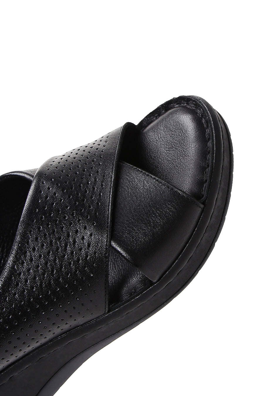 Women's Black Leather Wedge Heel Comfort Sandals