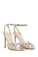 Women's Silver Stone Embellished High Thin Heel Sandals | Derimod