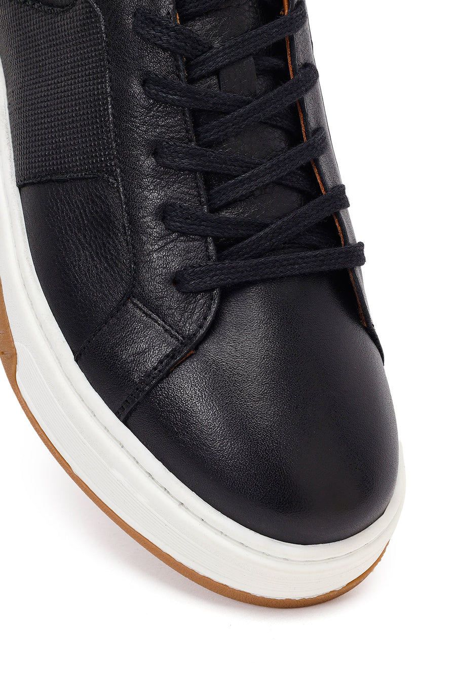 Erkek Siyah Kalın Tabanlı Bağcıklı Deri Sneaker