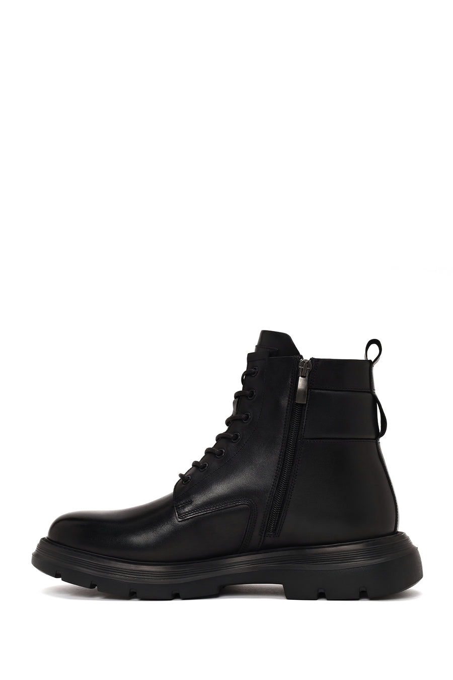 Male Black Lace-Up Zip Closure Thick-Soled Leather Casual Boots