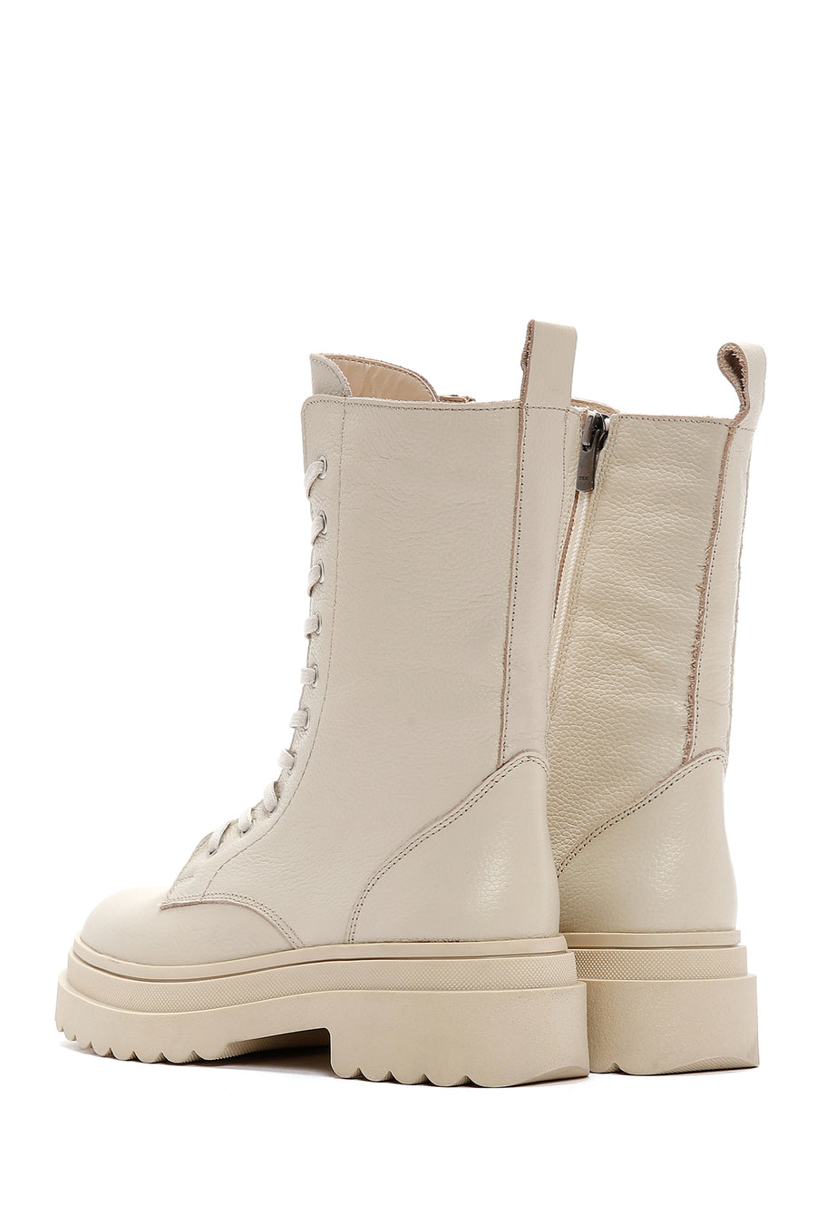Women's Cream Zippered Leather Combat Boots