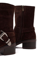 Woman Brown Zip Closure Chunky Heeled Suede Boots | Derimod