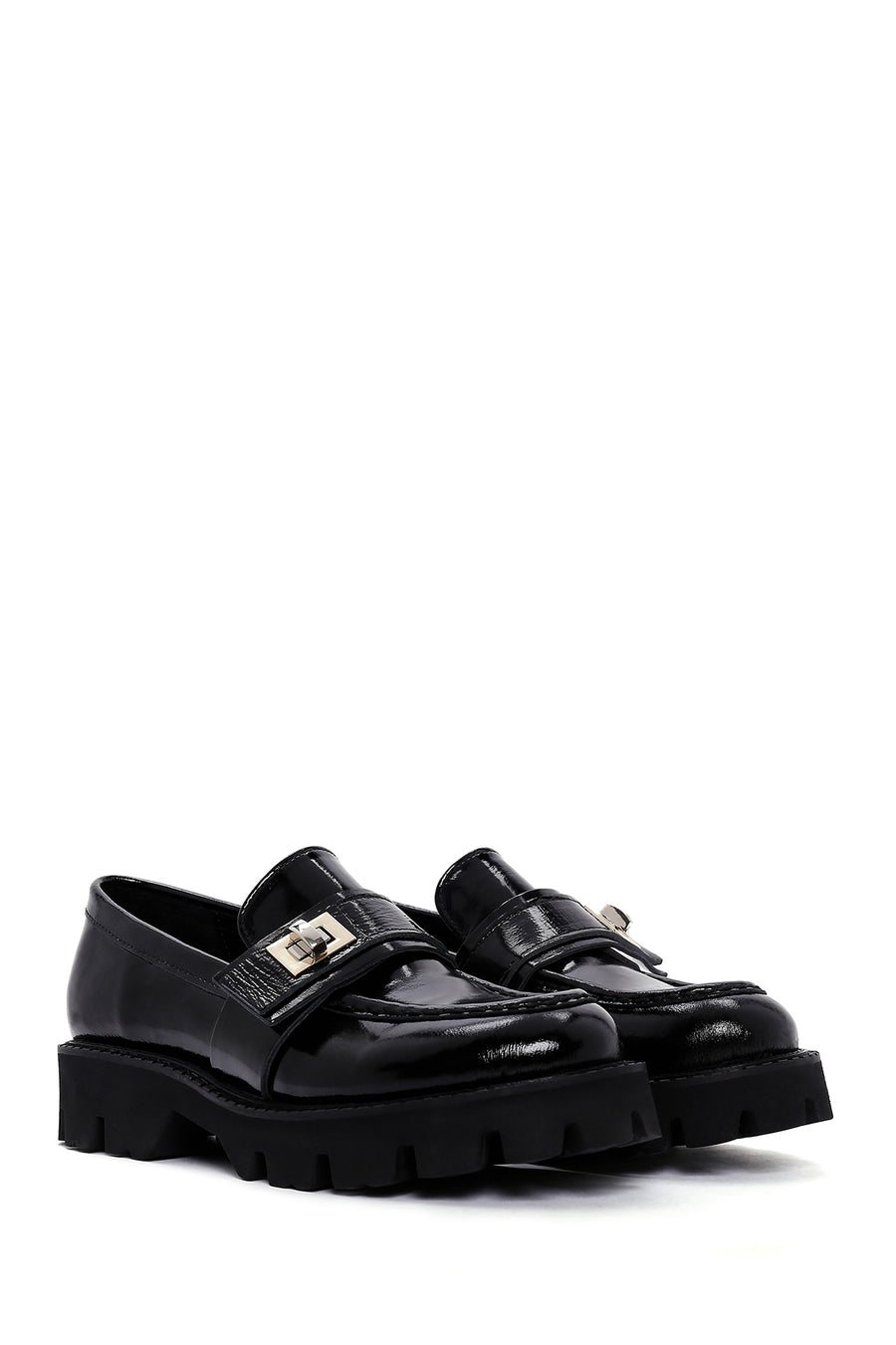 Women's Black Leather Thick Soled Patent Leather Casual Loafer