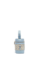 Women's Blue Long Strap Patterned Mini Box Crossbody Bag | Derimod