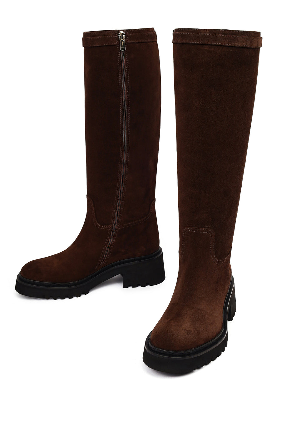 Women's Brown Zip-Up Chunky Sole Suede Leather Boots
