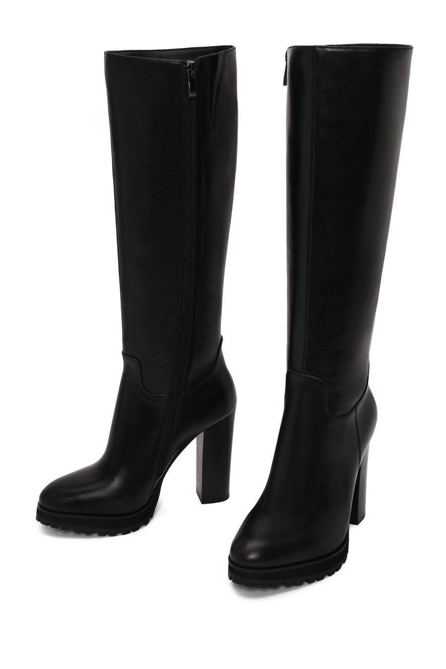 Woman Black Zip Closure High Thick-Heeled Leather Boots