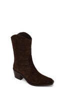 Woman Brown Printed Chunky-Heeled Suede Cowboy Boots | Derimod