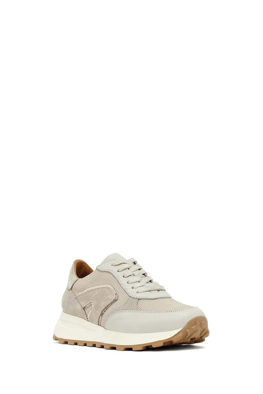 Woman Beige Lace-Up Thick Sole Leather Sneakers