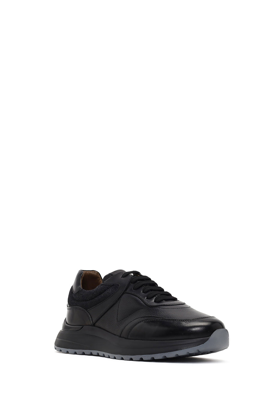 Men's Black Lace-Up Thick-Soled Leather Sneaker