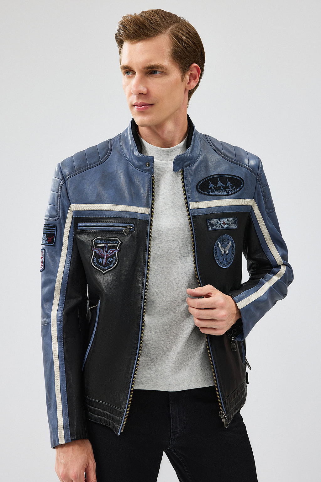 Takeoff Erkek Mavi Slim-Fit Deri Ceket