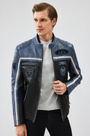 Takeoff Men's Blue Slim-Fit Leather Jacket | Derimod