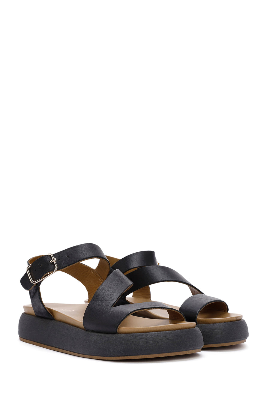 Women's Black Ankle Strap Thick-Sole Leather Sandals