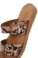 Women's Brown Double Buckled Patterned Slippers | Derimod