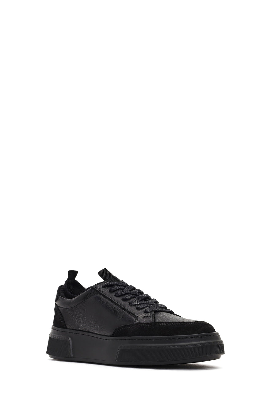 Erkek Siyah Bağcıklı Kalın Tabanlı Deri Sneaker