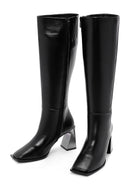 Women's Black Zippered High Heel Leather Boots | Derimod