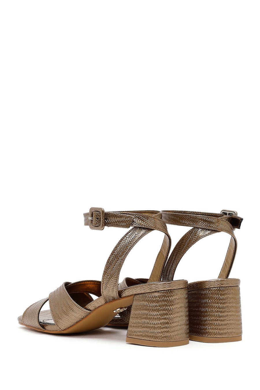 Woman Bronze Ankle-Buckle Printed Block-Heel Sandals