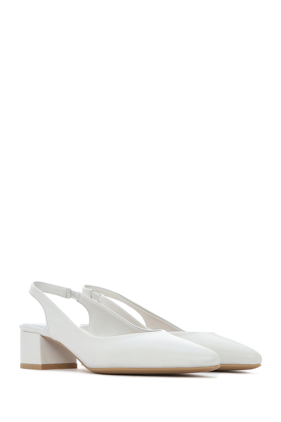 Women's Beige Slingback Thick Low Heel Leather Shoes