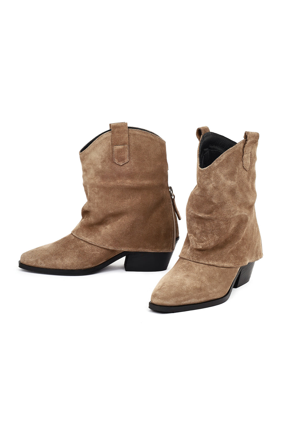 Women's Beige Short Thick Heel Suede Leather Cowboy Boot
