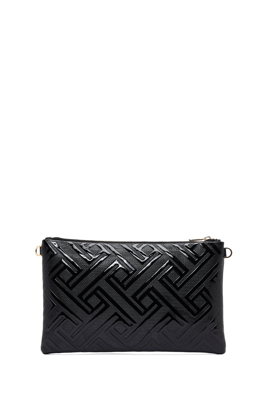 Woman Black Chain Strap Patterned Patent Leather Clutch Bag