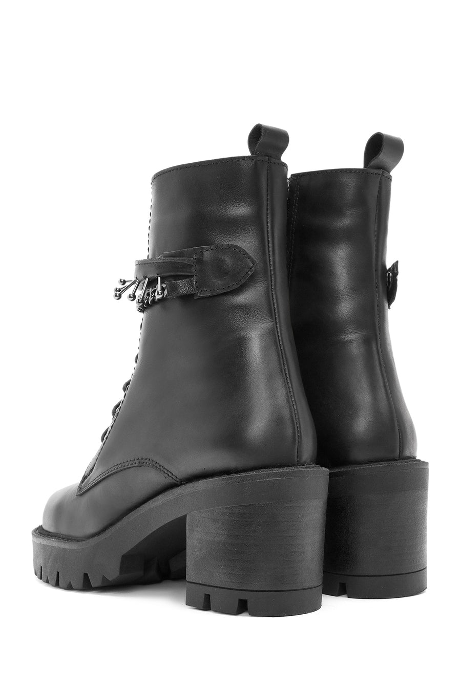 Women's Black Zippered Accessory Detailed Thick Heeled Leather Combat Boots