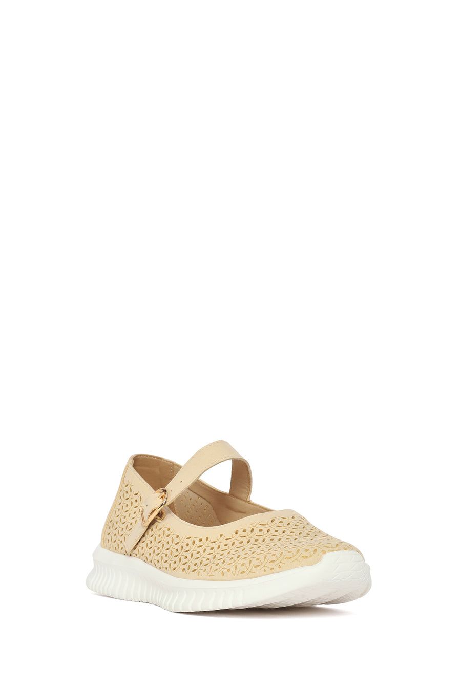 Woman Beige Patterned Suede Comfort Buckle Shoes