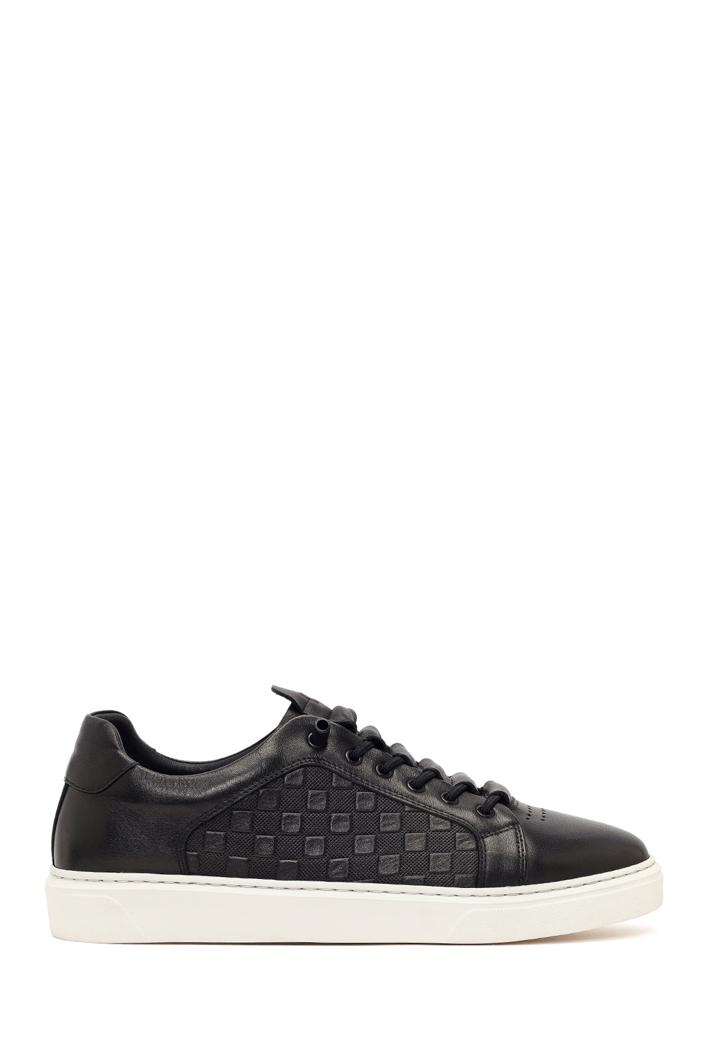 Erkek Siyah Bağcıklı Desenli Deri Sneaker