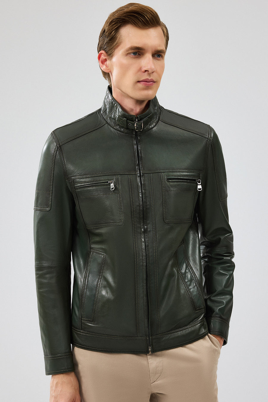 Wade Men's Khaki Slim-Fit Leather Coat